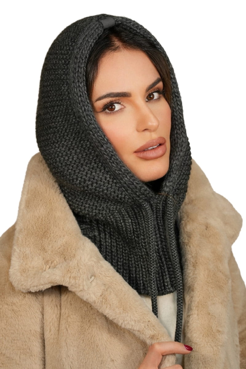 Kaptur Damski, Model: Kaptur-Majrag, Kolor: grafitowy, Skład materiału: 85% Akryl; 15% Poliamid, Przeznaczenie: Jesień/Zima, Rozmiar: Uniwersalny