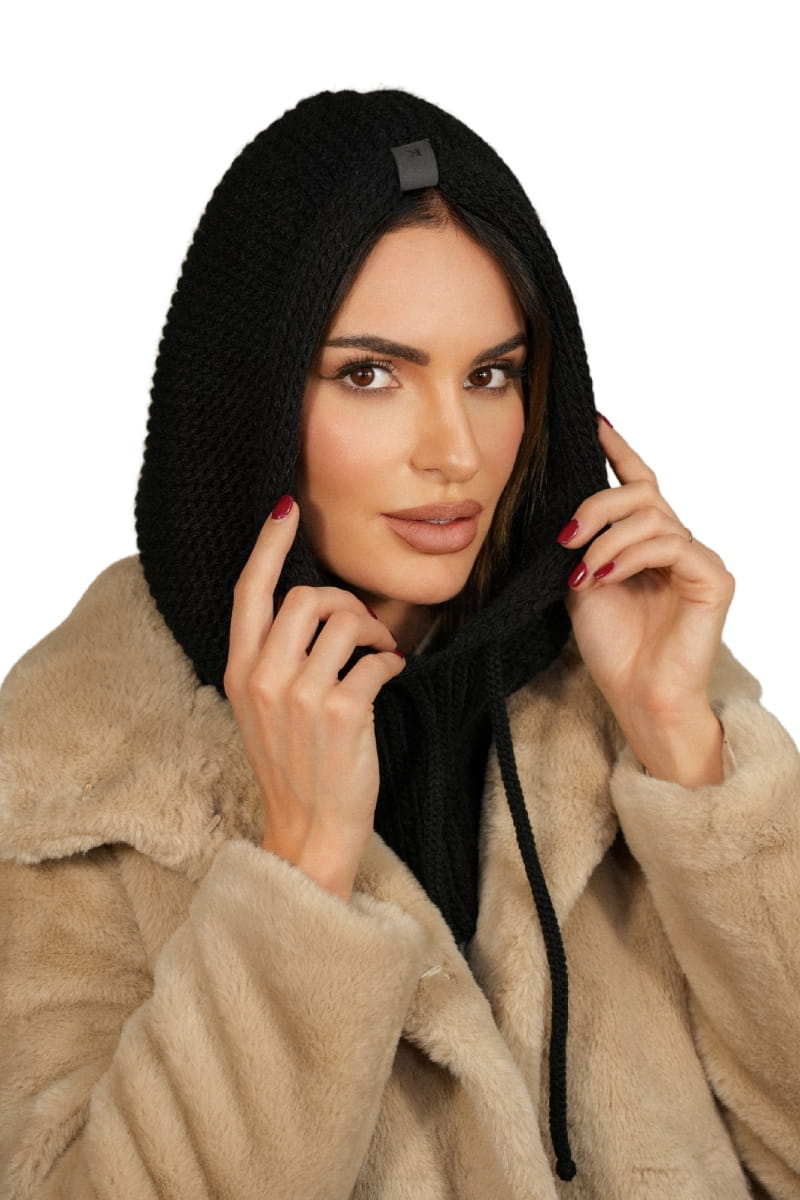 Kaptur Damski, Model: Kaptur-Majrag, Kolor: czarny, Skład materiału: 85% Akryl; 15% Poliamid, Przeznaczenie: Jesień/Zima, Rozmiar: Uniwersalny