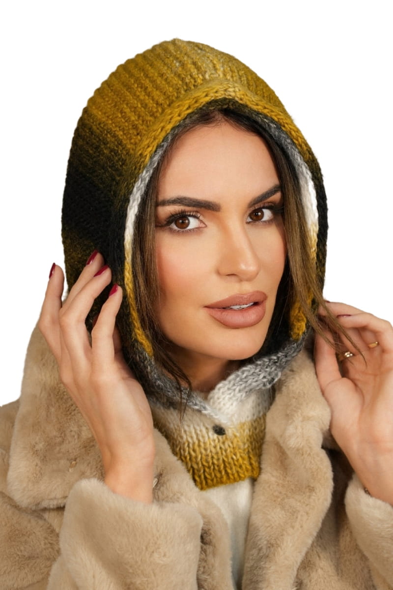 Kaptur Damski, Model: Kaptur-Virginia, Kolor: musztardowy, Skład materiału: 55% Poliakryl; 25% Wełna; 20% Alpaka, Przeznaczenie: Jesień/Zima, Rozmiar: Uniwersalny