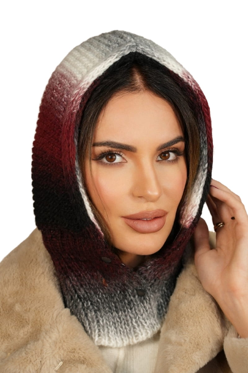 Kaptur Damski, Model: Kaptur-Virginia, Kolor: bordowy, Skład materiału: 55% Poliakryl; 25% Wełna; 20% Alpaka, Przeznaczenie: Jesień/Zima, Rozmiar: Uniwersalny