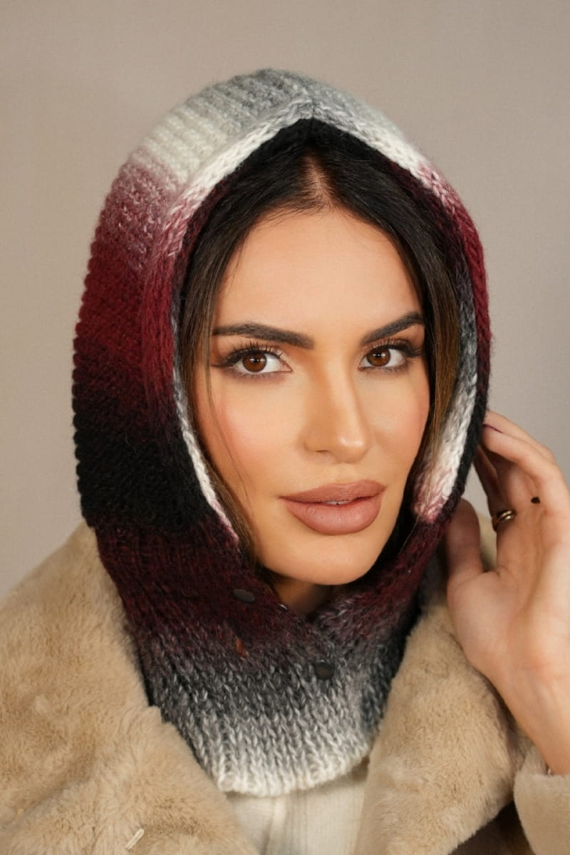 Kaptur Damski, Model: Kaptur-Virginia, Kolor: bordowy, Skład materiału: 55% Poliakryl; 25% Wełna; 20% Alpaka, Przeznaczenie: Jesień/Zima, Rozmiar: Uniwersalny (Kaptur Damski, zdjęcie 2)