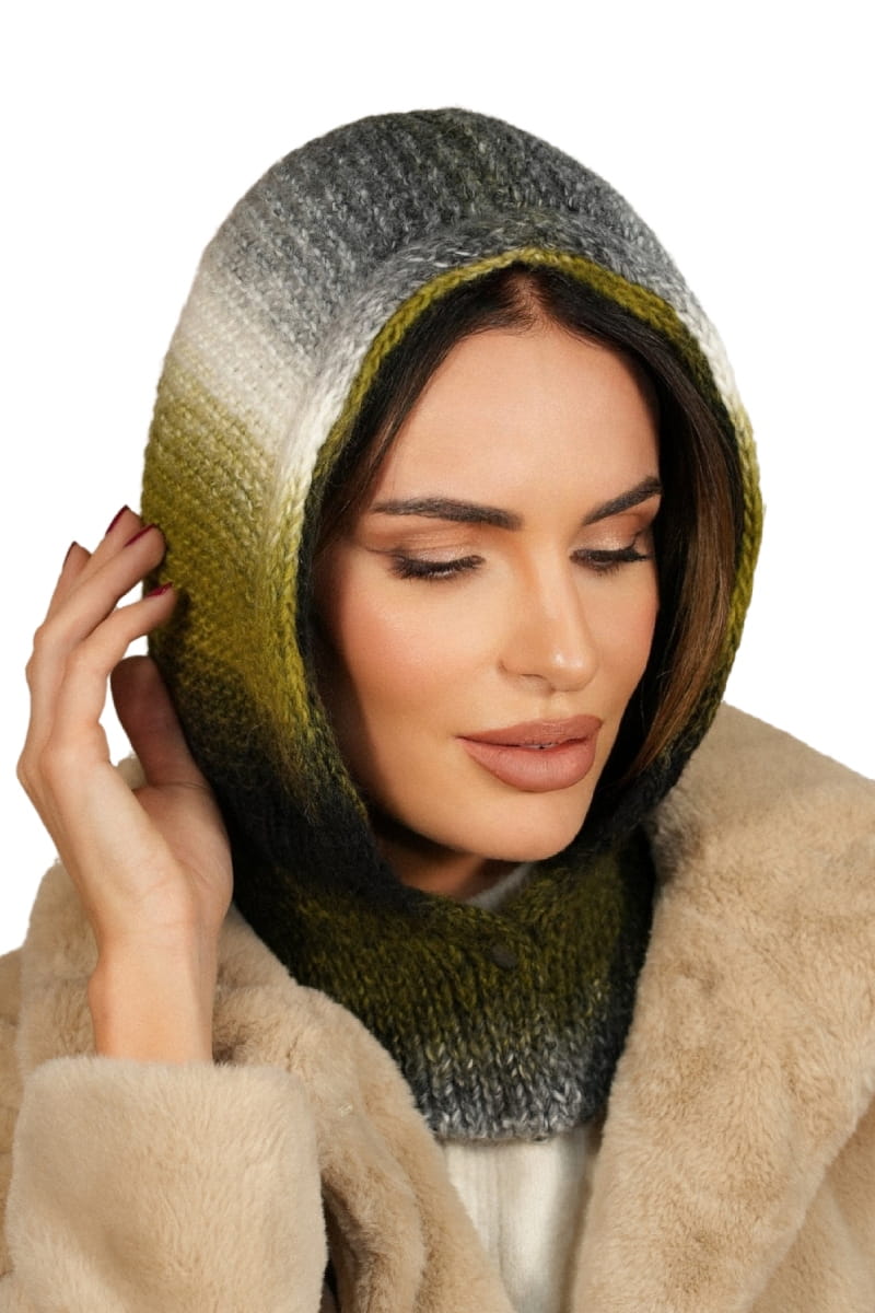 Kaptur Damski, Model: Kaptur-Virginia, Kolor: khaki, Skład materiału: 55% Poliakryl; 25% Wełna; 20% Alpaka, Przeznaczenie: Jesień/Zima, Rozmiar: Uniwersalny