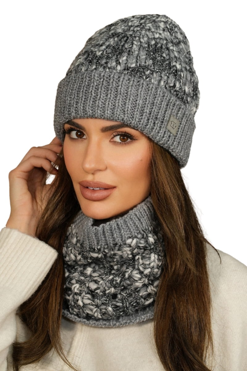 Komplet (Czapka+ Komin), Model: Morela-Komplet, Kolor: szary, Skład materiału: 40% Wełna; 37% Poliakryl; 19% Alpaka; 4% Poliester, Rozmiar: Uniwersalny (54-60)