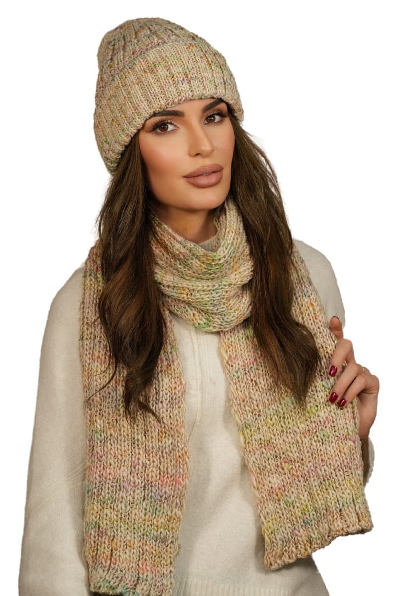 Komplet (Czapka + Szalik), Model: Hasu-Komplet, Kolor: ekru, Skład materiału: 75% Poliakryl; 25% Wełna, Przeznaczenie: Jesień/Zima, Wymiary(długość/szerokość): 164cm/26cm
