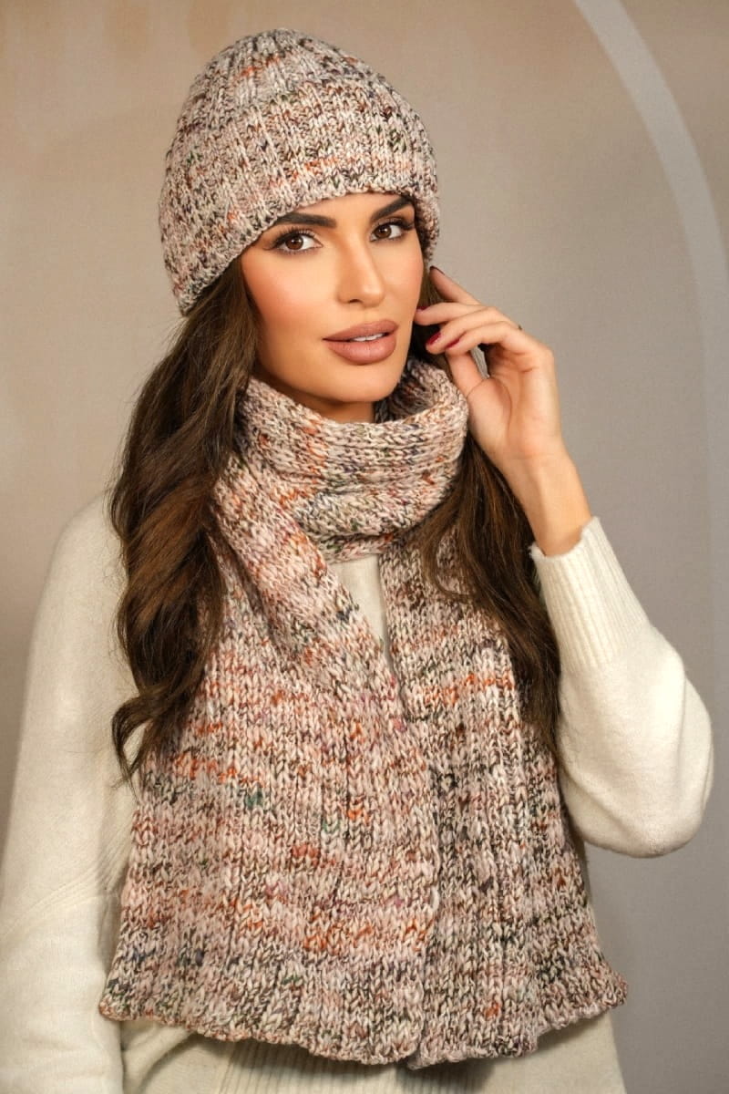 Komplet (Czapka + Szalik), Model: Hasu-Komplet, Kolor: beżowy, Skład materiału: 75% Poliakryl; 25% Wełna, Przeznaczenie: Jesień/Zima, Wymiary(długość/szerokość): 164cm/26cm (Komplet (Czapka + Szalik), zdjęcie 2)