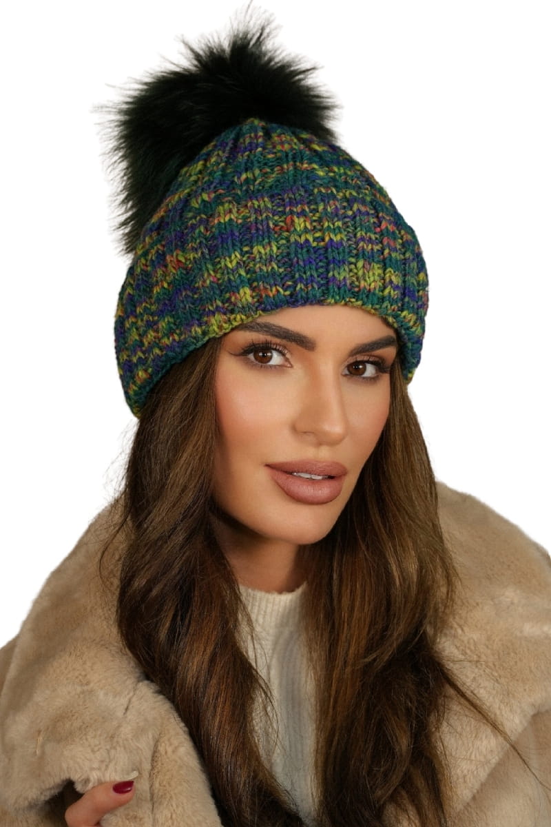Čepice, Model: Pavone Přírodní Pompon, Barva: zelená, Složení materiálu: 75% Poliakryl; 25% Vlna, Určení: Podzim/Zima, Velikost: Univerzální (54-60)