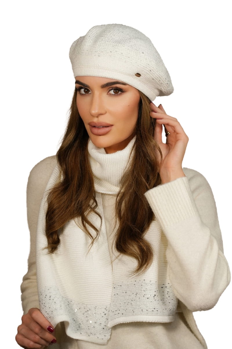 Komplet (Beret + Szalik), Model: Piwonia-Komplet, Kolor: biały, Skład materiału: 50% Akryl; 20% Wełna; 15% Poliamid; 15% Poliester, Rozmiar: Uniwersalny (54-60)
