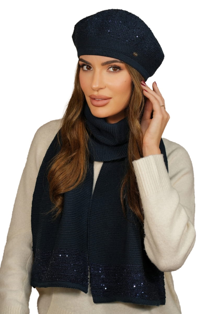 Komplet (Beret + Szalik), Model: Piwonia-Komplet, Kolor: granatowy, Skład materiału: 50% Akryl; 20% Wełna; 15% Poliamid; 15% Poliester, Rozmiar: Uniwersalny (54-60)