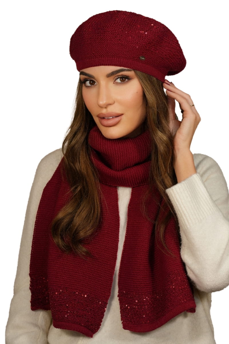 Komplet (Beret + Szalik), Model: Piwonia-Komplet, Kolor: wino, Skład materiału: 50% Akryl; 20% Wełna; 15% Poliamid; 15% Poliester, Rozmiar: Uniwersalny (54-60)