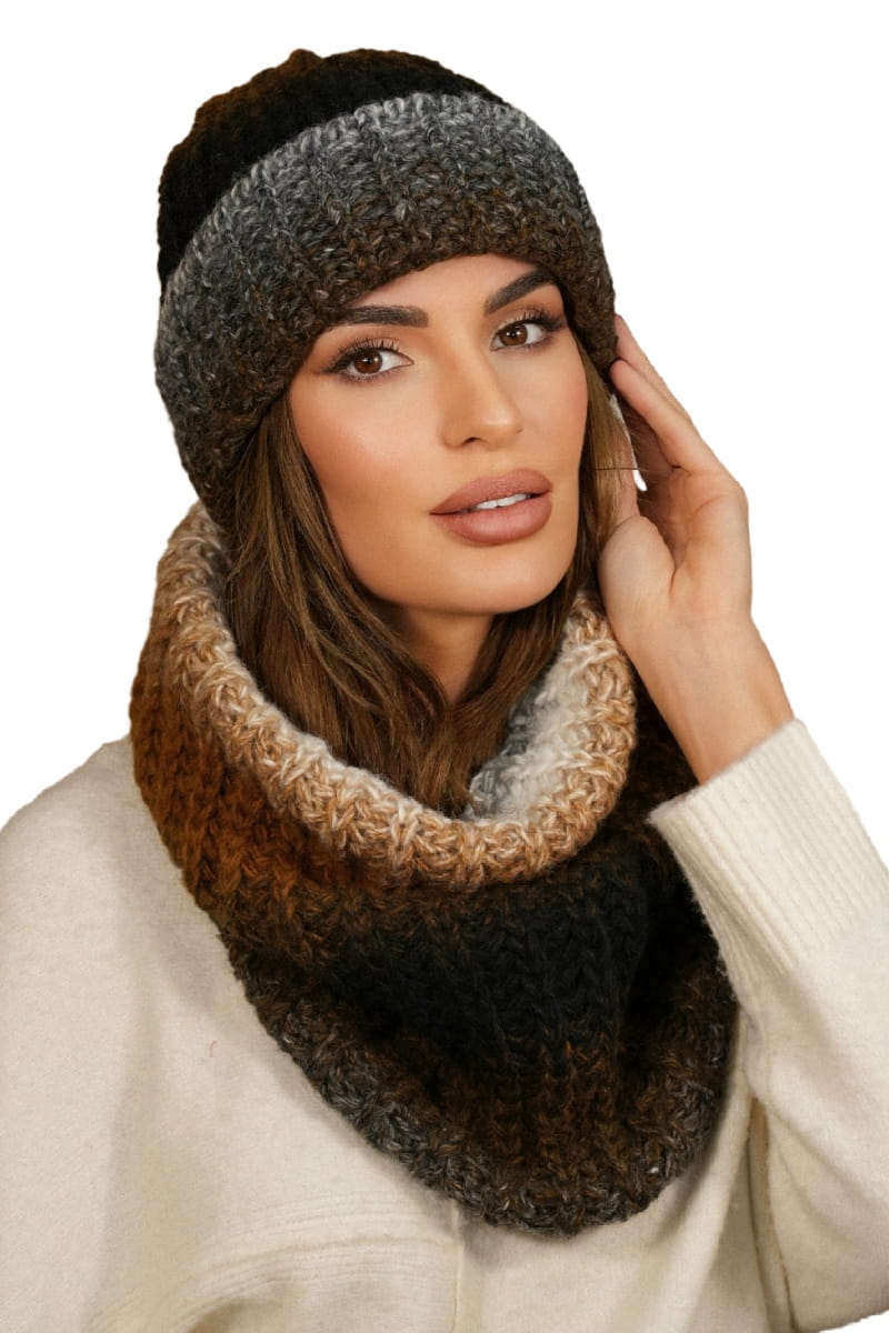 Komplet (Czapka+ Komin), Model: Blues-Komplet, Kolor: karmelowy, Skład materiału: 55% Poliakryl; 25% Wełna; 20% Alpaka, Rozmiar: Uniwersalny (54-60)