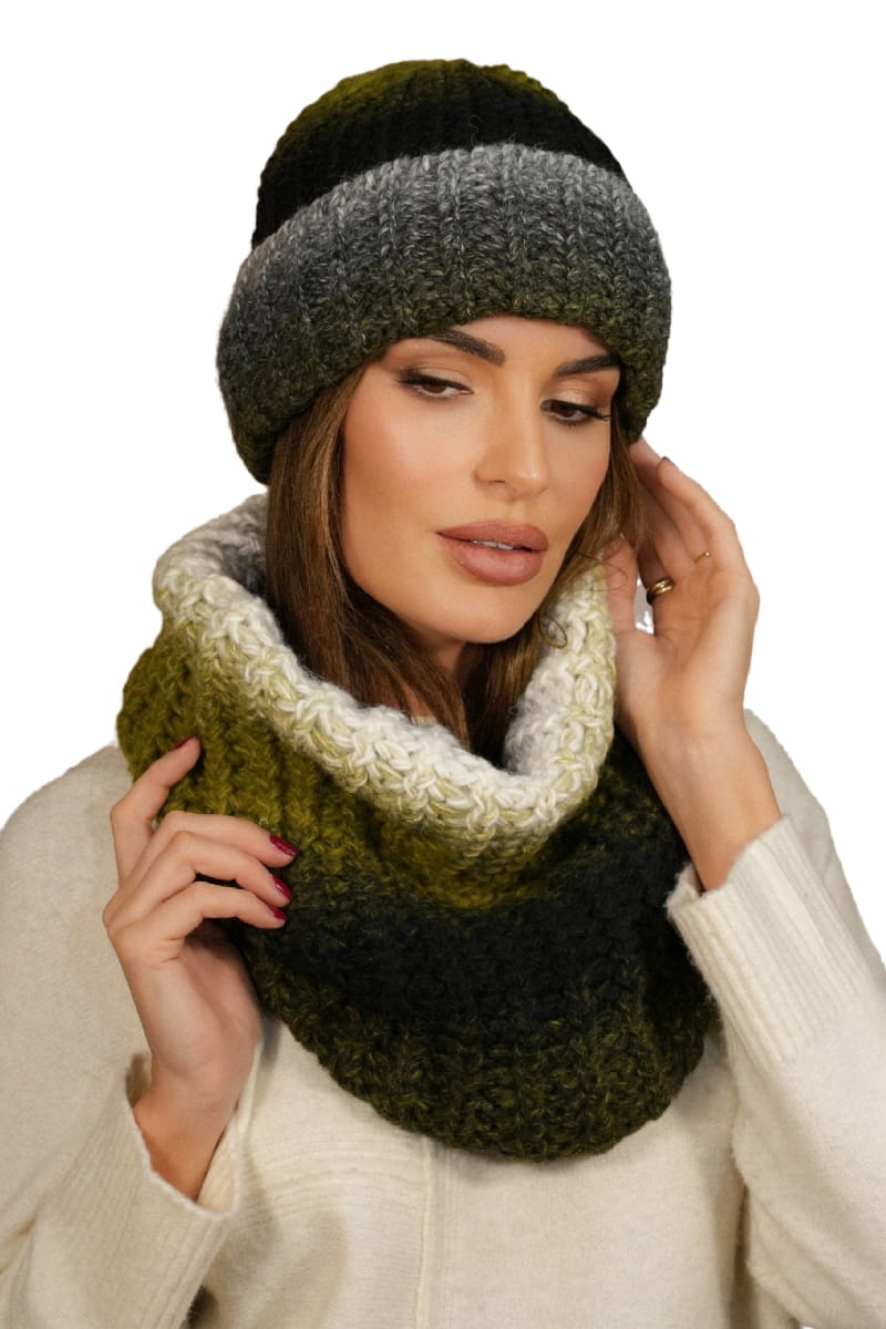 Komplet (Czapka+ Komin), Model: Blues-Komplet, Kolor: oliwkowy, Skład materiału: 55% Poliakryl; 25% Wełna; 20% Alpaka, Rozmiar: Uniwersalny (54-60)