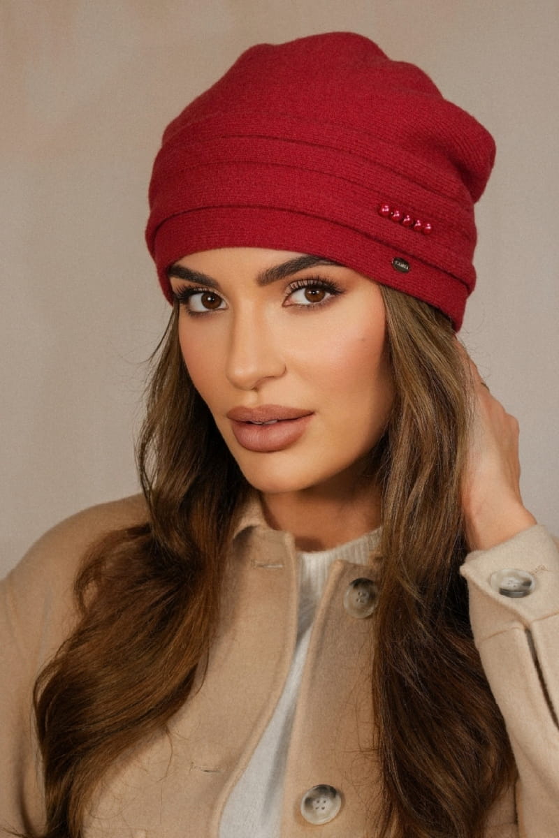 Czapki, Model: Sakura, Kolor: czerwony, Skład materiału: 80% Wełna; 20% Poliamid, Przeznaczenie: Jesień/Zima, Rozmiar: Uniwersalny (54-60) (Czapki, zdjęcie 2)