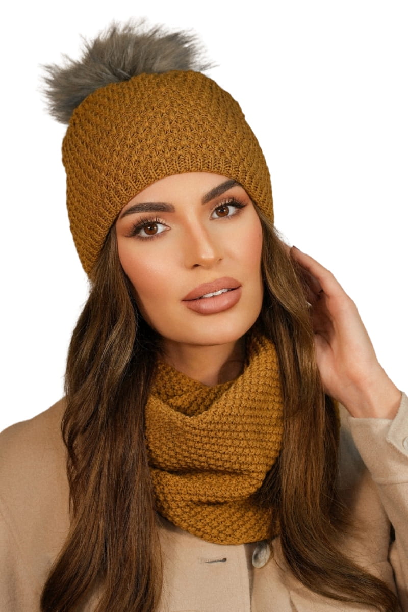 Komplet (Czapka + Komin), Model: Rubbi-Komplet, Kolor: musztardowy, Skład materiału: 50% Akryl; 30% Wełna; 20% Poliamid, Przeznaczenie: Jesień/Zima, Wymiary(długość/szerokość): 70cm/19cm