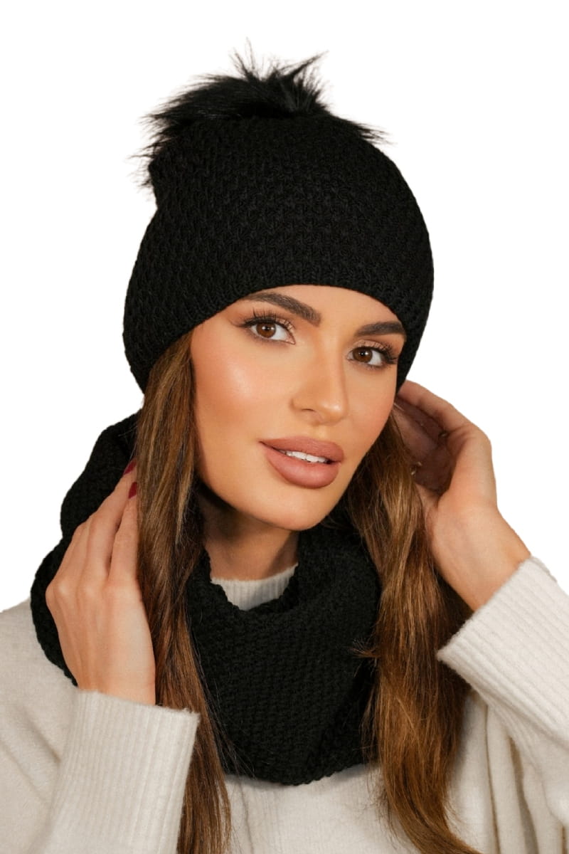 Komplet (Czapka + Komin), Model: Rubbi-Komplet, Kolor: czarny, Skład materiału: 50% Akryl; 30% Wełna; 20% Poliamid, Przeznaczenie: Jesień/Zima, Wymiary(długość/szerokość): 70cm/19cm