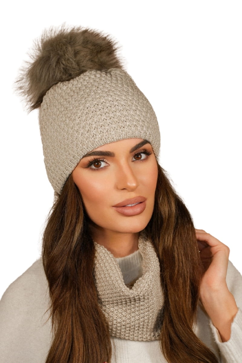 Komplet (Czapka + Komin), Model: Rubbi-Komplet, Kolor: beżowy, Skład materiału: 50% Akryl; 30% Wełna; 20% Poliamid, Przeznaczenie: Jesień/Zima, Wymiary(długość/szerokość): 70cm/19cm