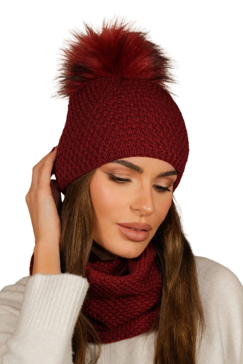 Komplet (Czapka + Komin), Model: Rubbi-Komplet, Kolor: bordowy, Skład materiału: 50% Akryl; 30% Wełna; 20% Poliamid, Przeznaczenie: Jesień/Zima, Wymiary(długość/szerokość): 70cm/19cm