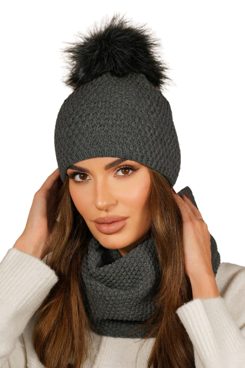 Komplet (Czapka + Komin), Model: Rubbi-Komplet, Kolor: grafitowy, Skład materiału: 50% Akryl; 30% Wełna; 20% Poliamid, Przeznaczenie: Jesień/Zima, Wymiary(długość/szerokość): 70cm/19cm