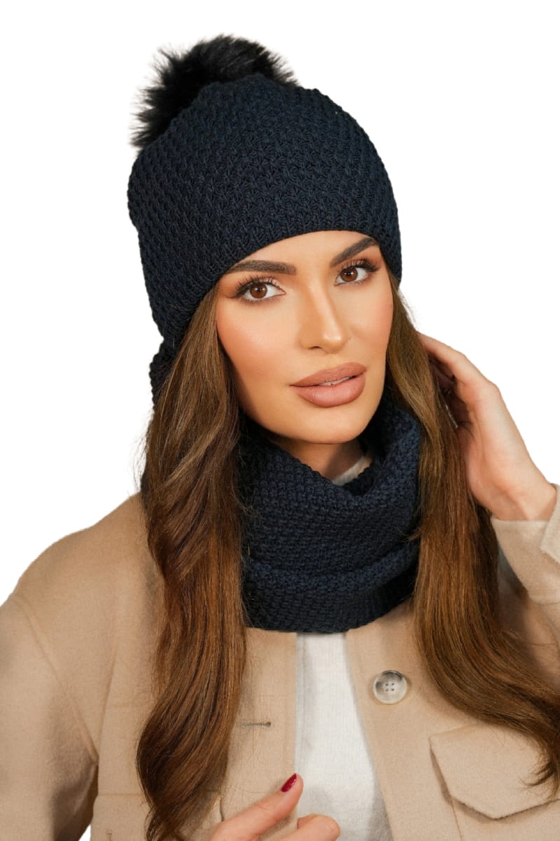 Komplet (Czapka + Komin), Model: Rubbi-Komplet, Kolor: granatowy, Skład materiału: 50% Akryl; 30% Wełna; 20% Poliamid, Przeznaczenie: Jesień/Zima, Wymiary(długość/szerokość): 70cm/19cm
