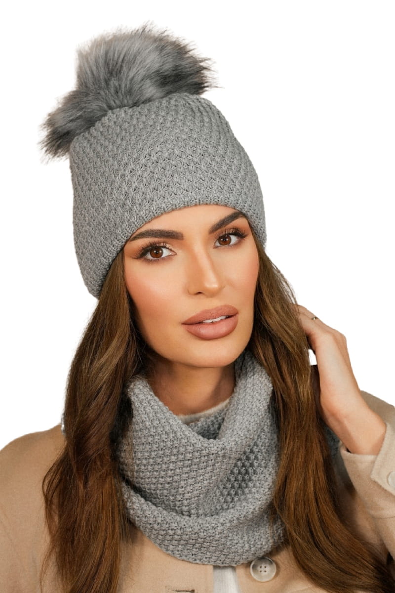 Komplet (Czapka + Komin), Model: Rubbi-Komplet, Kolor: szary, Skład materiału: 50% Akryl; 30% Wełna; 20% Poliamid, Przeznaczenie: Jesień/Zima, Wymiary(długość/szerokość): 70cm/19cm