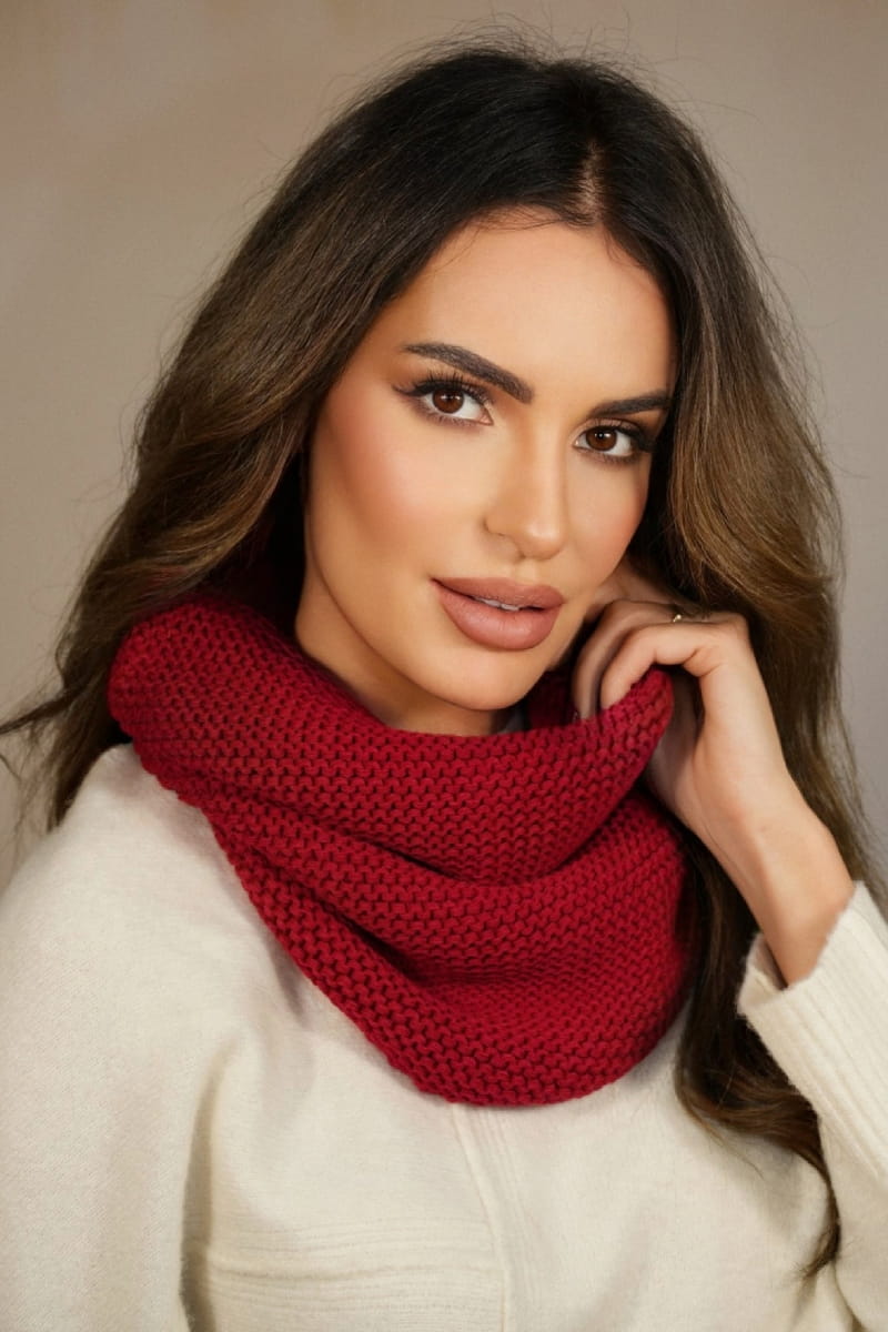 Komin Dámský, Model: Leona-Komin, Barva: červená, Složení materiálu: 50% Akryl; 30% Vlna; 20% Polyamid (Komin Dámský, fotografie 2)