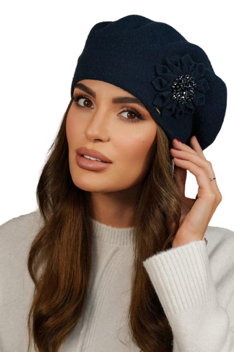 Beret Damski, Model: Peonia, Kolor: mix granatowy, Skład materiału: 80% Wełna; 20% Poliamid, Przeznaczenie: Jesień/Zima, Rozmiar: Uniwersalny (54-60)