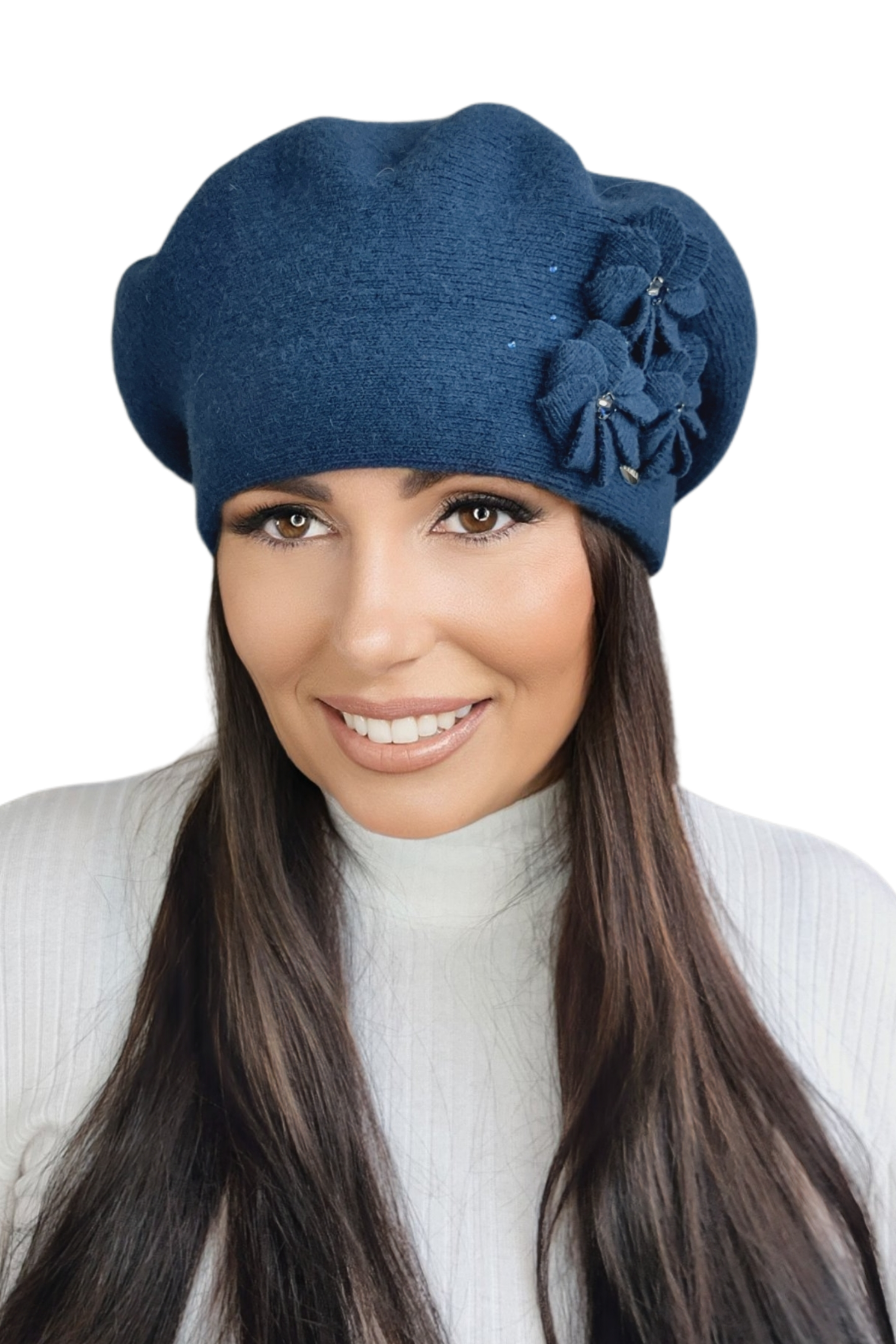Beret Damski, Model: Salima, Kolor: granatowy, Skład materiału: 80% Wełna; 20% Poliamid, Przeznaczenie: Jesień/Zima, Rozmiar: Uniwersalny (54-60)