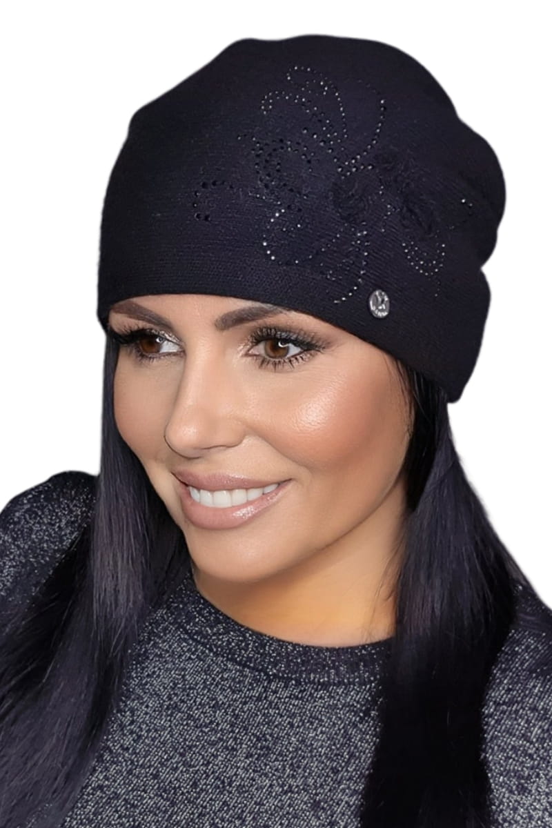 Czapka Damska, Model: Melisa-00, Kolor: czarny, Skład materiału: 80% Wełna; 20% Poliamid, Rozmiar: Uniwersalny (54-60)