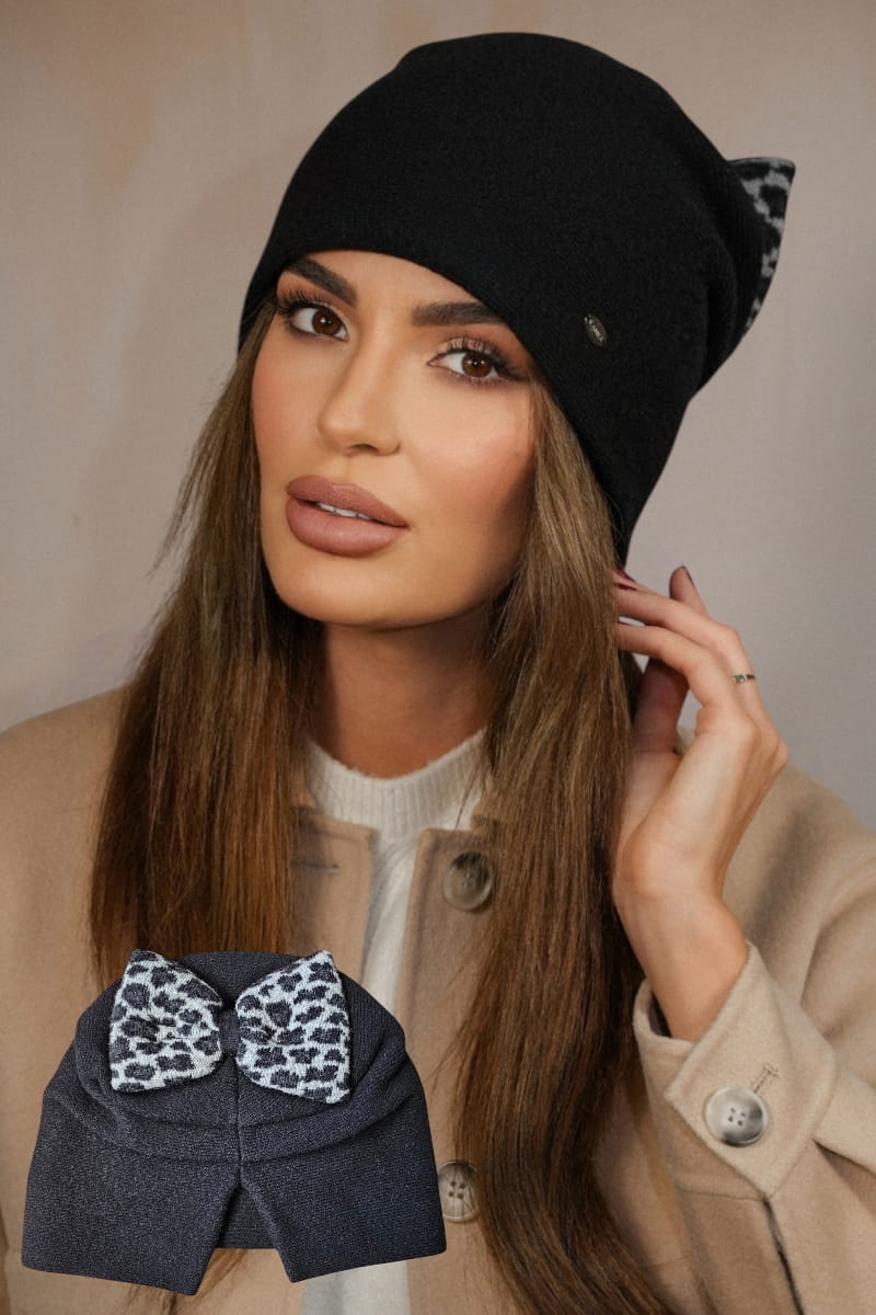Čepice, Model: Kiku, Barva: černá, Složení materiálu: 80% Vlna; 20% Polyamid, Určení: Podzim/Zima, Velikost: Univerzální (54-60) (Čepice, fotografie 2)
