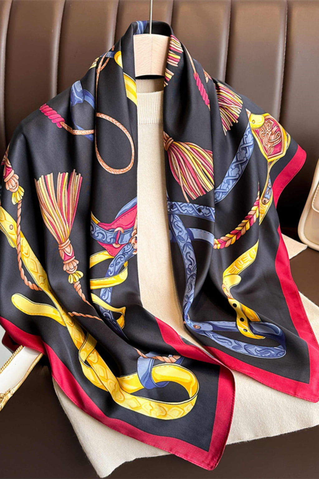 Apaszka, Model: F321-1//T38//17, Kolor: czarny, Skład materiału: 100% Poliester, Przeznaczenie: Wielosezonowe, Wymiary(długość/szerokość): 90cm/90cm