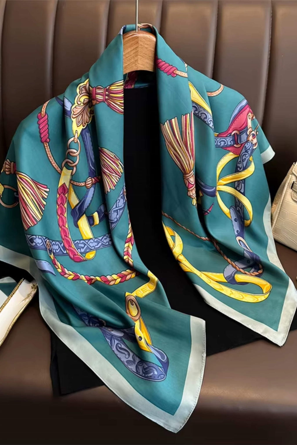 Zbliżenie na wzór apaszki „Szmaragdowy Blask” z motywem sprzączek i pasków w różnych kolorach | KAMEA | Spironik.pl