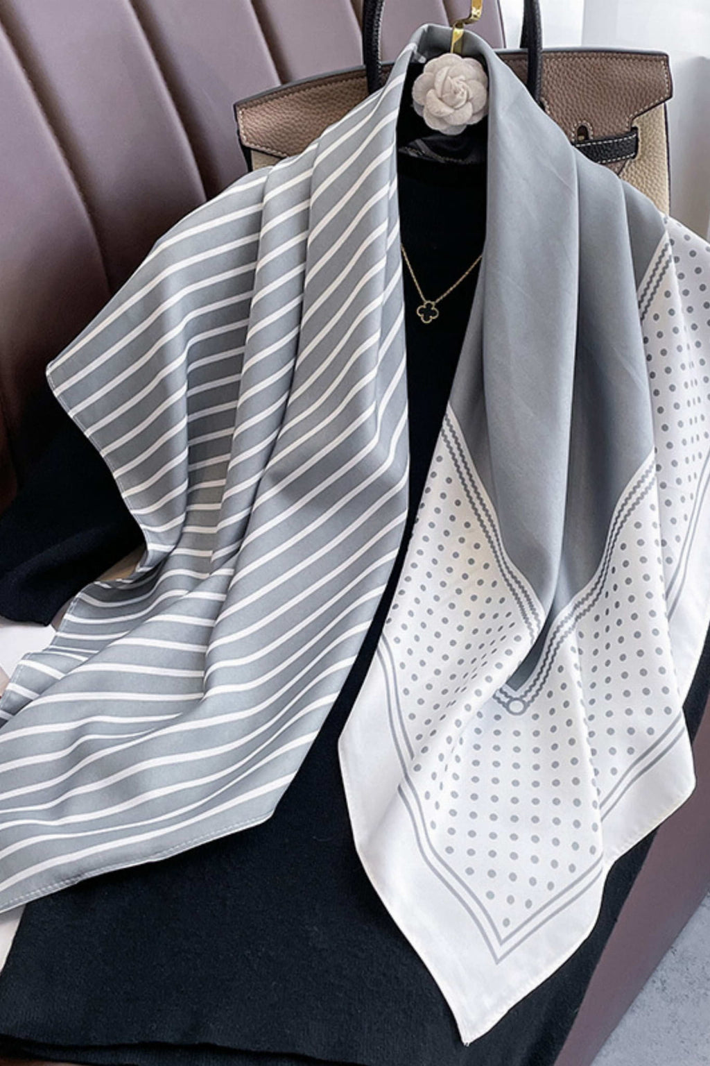 Apaszka, Model: F338-2//T35//14, Kolor: szary, Skład materiału: 100% Poliester, Przeznaczenie: Wielosezonowe, Wymiary(długość/szerokość): 90cm/90cm