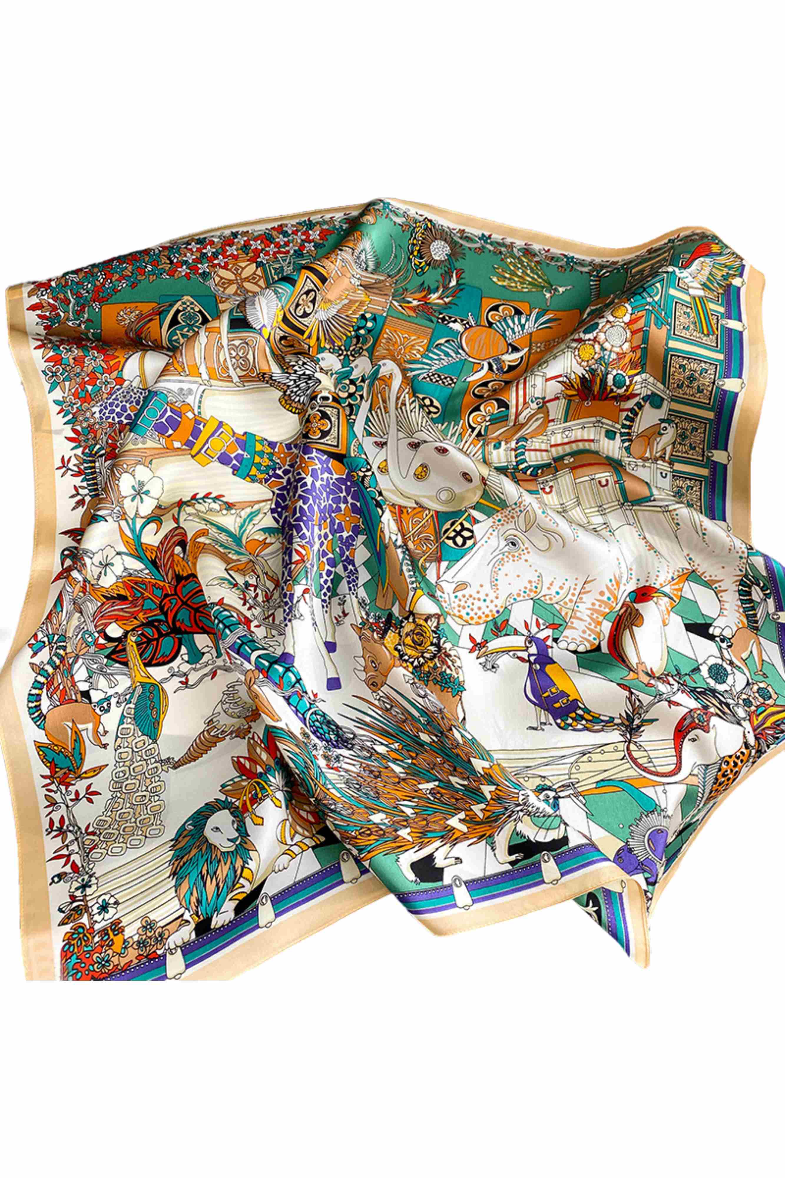 Detal wzoru apaszki Safari Orient z żyrafami, lwami i ptakami w artystycznym ujęciu | KAMEA | Spironik.pl