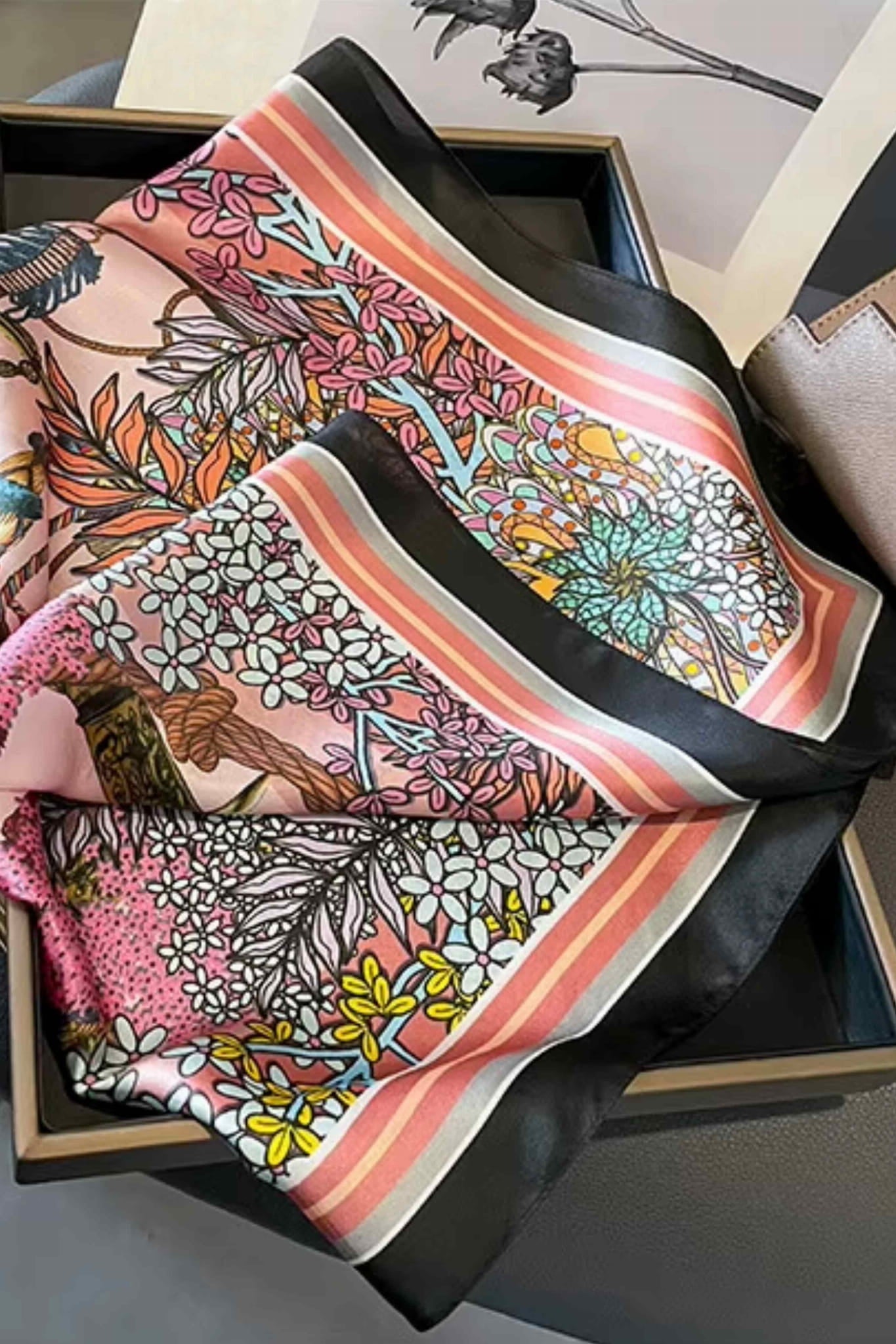 Apaszka o wymiarach 70x70 cm, wykonana z 100% naturalnego jedwabiu w różowej kolorystyce | KAMEA | Spironik.pl