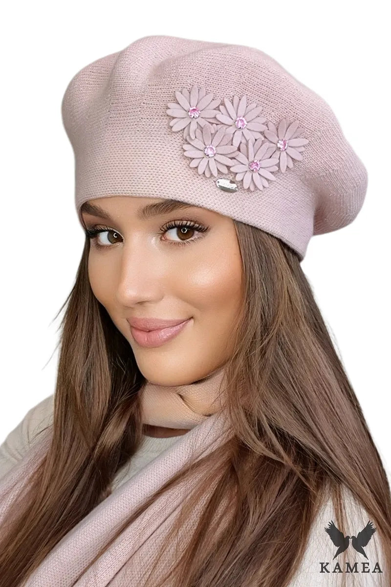 Tala beret damski Kamea zimowy, z wełną, rozmiar uniwersalny 54-60 cm, kolor różowy