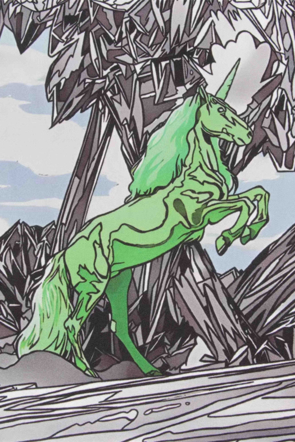 Detal apaszki "Crystal Valley" z motywem futurystycznego krajobrazu i jednorożca | KAMEA | Spironik.pl