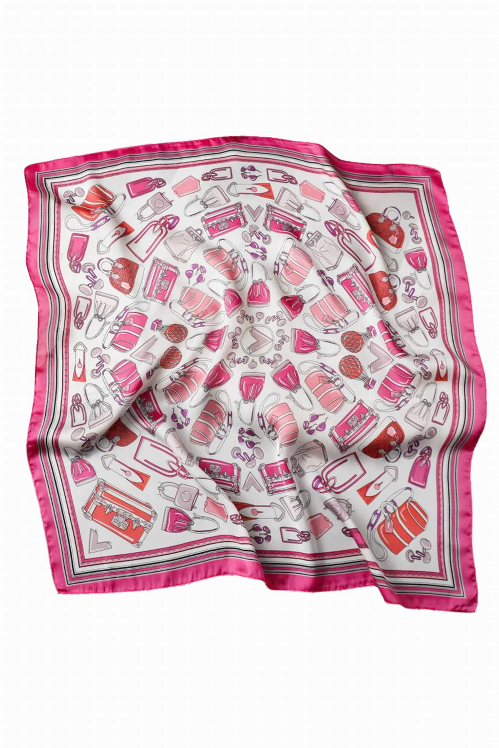 Wzór apaszki z torebkami i dodatkami w odcieniach różu, czerwieni i bordo | KAMEA | Spironik.pl