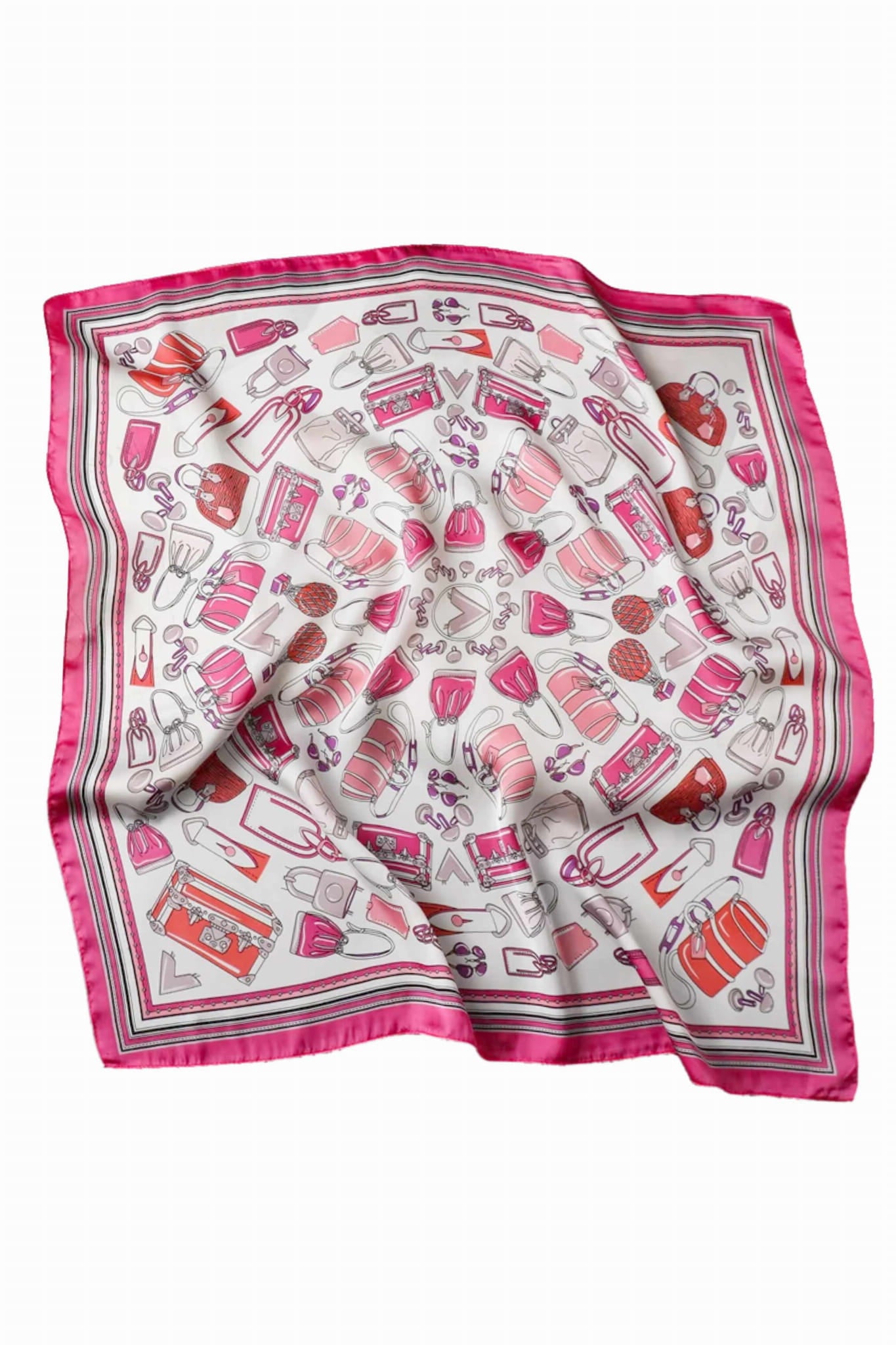 Wzór apaszki z torebkami i dodatkami w odcieniach różu, czerwieni i bordo | KAMEA | Spironik.pl