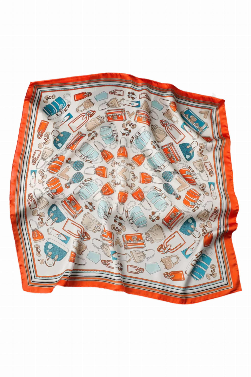 Detal apaszki z kolorowym wzorem torebek i okularów na eleganckim satynowym materiale | KAMEA | Spironik.pl