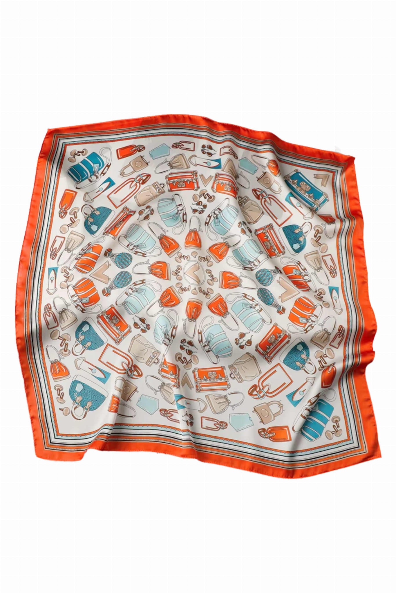 Detal apaszki z kolorowym wzorem torebek i okularów na eleganckim satynowym materiale | KAMEA | Spironik.pl