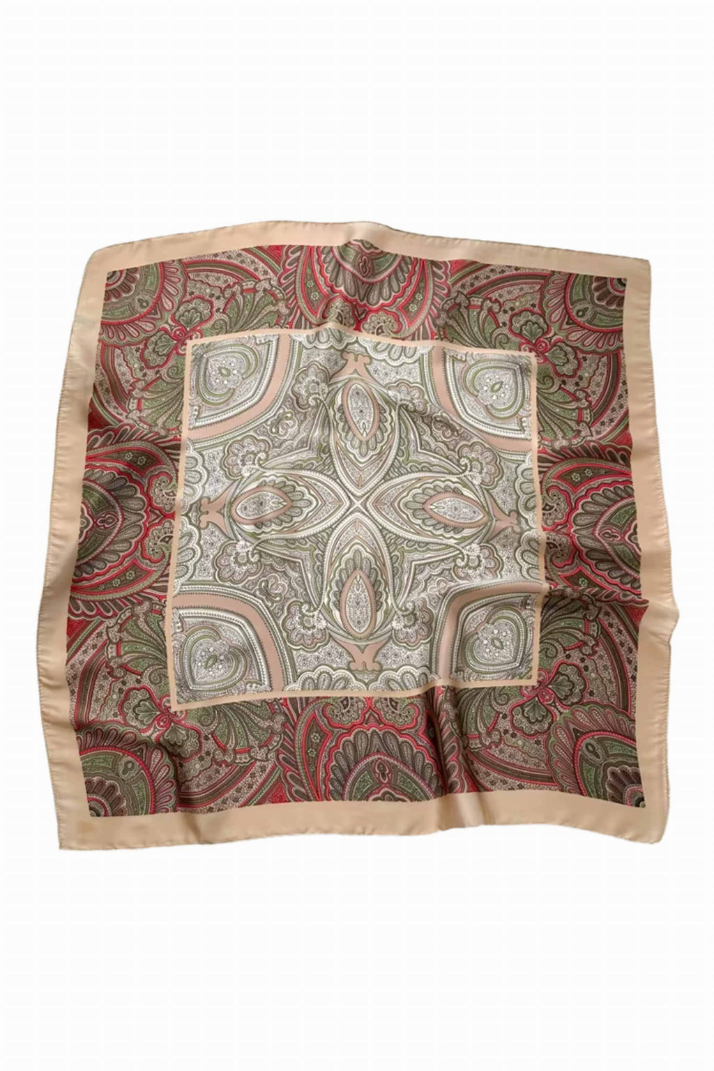 Detal apaszki o wymiarach 70x70 cm, ukazujący bogaty etniczny wzór w odcieniach beżu i czerwieni | KAMEA | Spironik.pl