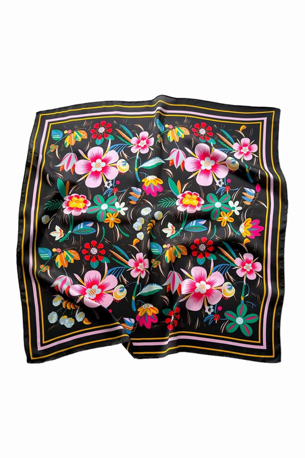 Detal apaszki satynowej z wielobarwnym wzorem kwiatowym na czarnym tle, wykonanej z miękkiego poliestru | KAMEA | Spironik.pl
