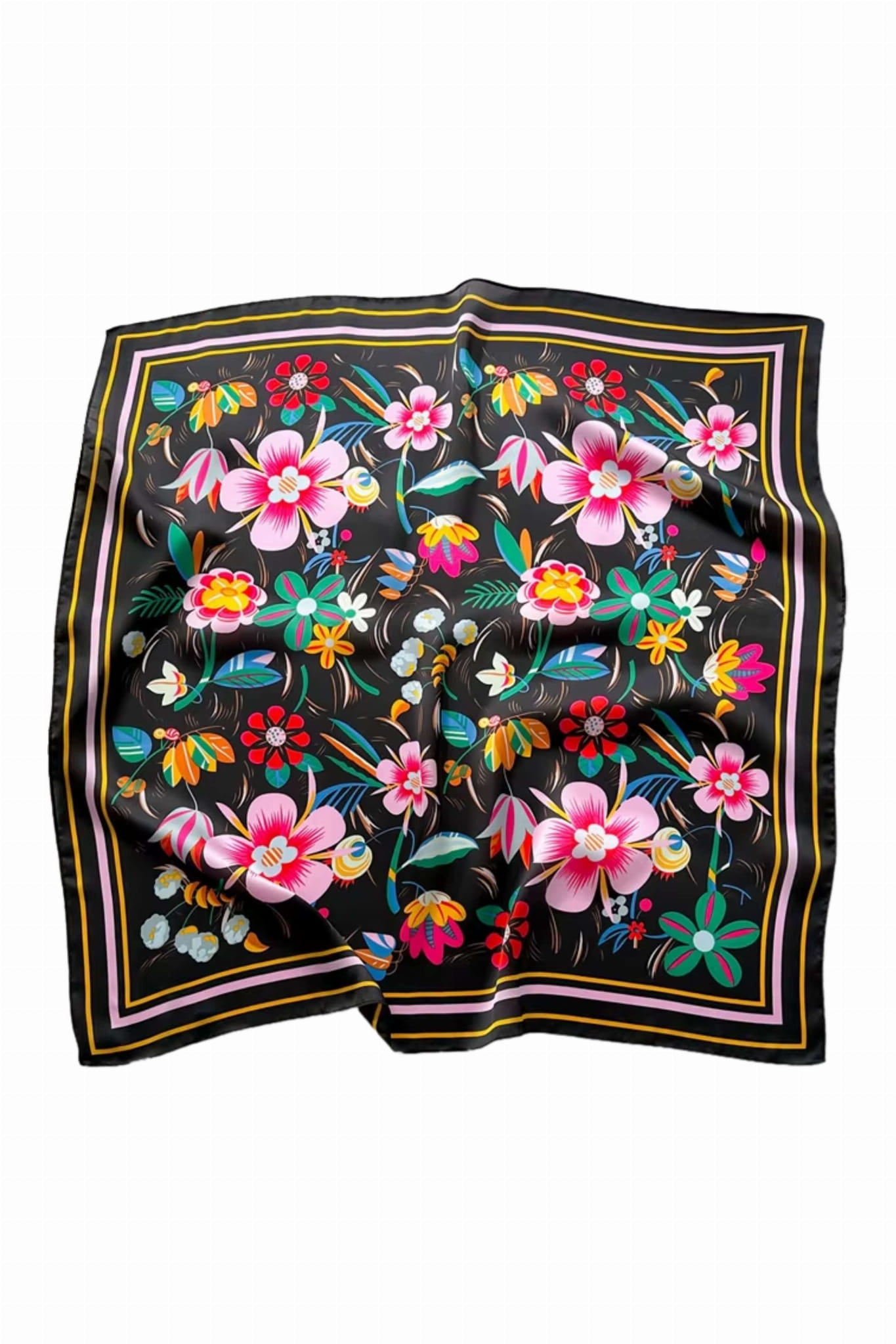 Detal apaszki satynowej z wielobarwnym wzorem kwiatowym na czarnym tle, wykonanej z miękkiego poliestru | KAMEA | Spironik.pl