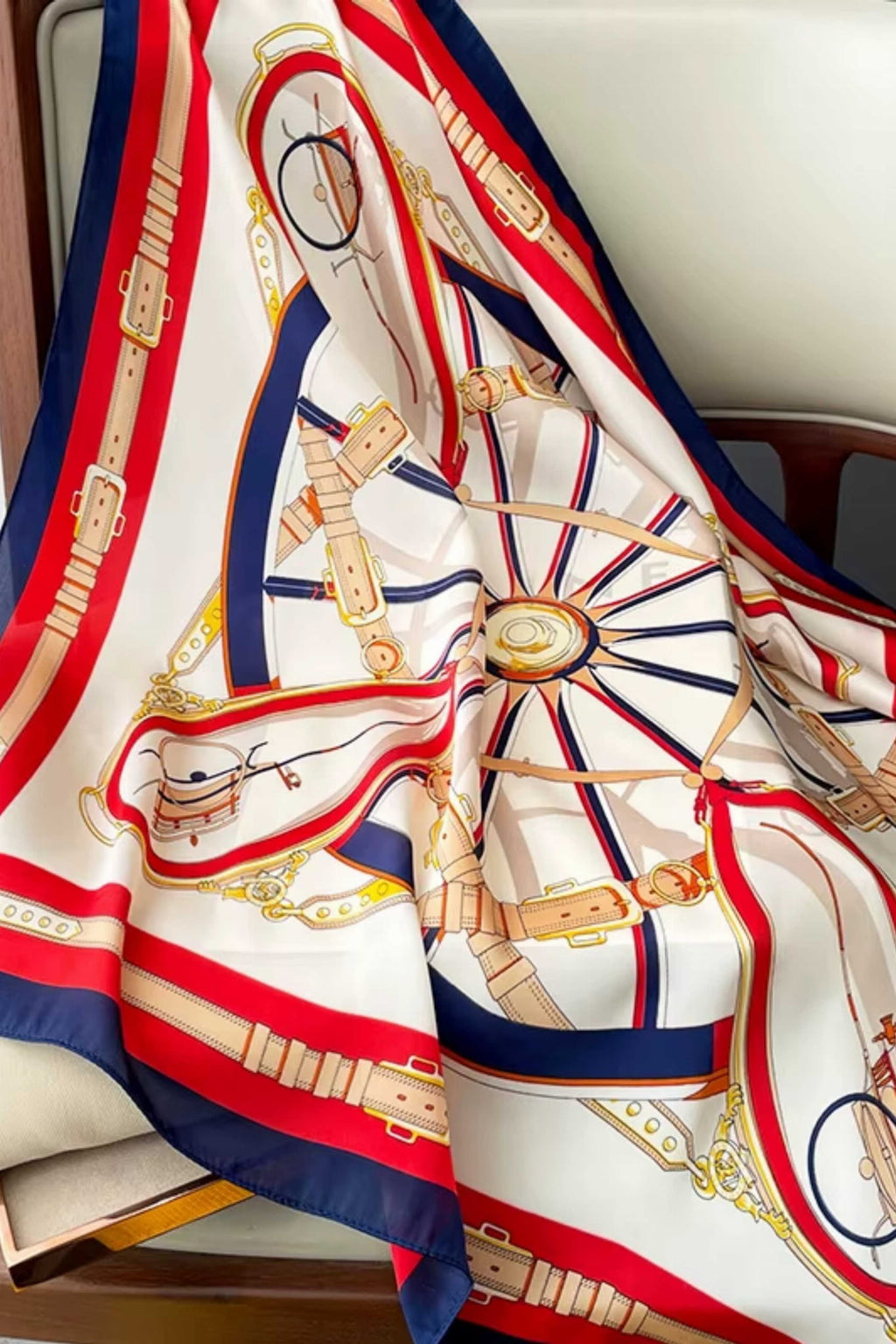 Detal wzoru apaszki z uprzężami i kołem, akcenty w czerwieni, granacie i złocie | KAMEA | Spironik.pl