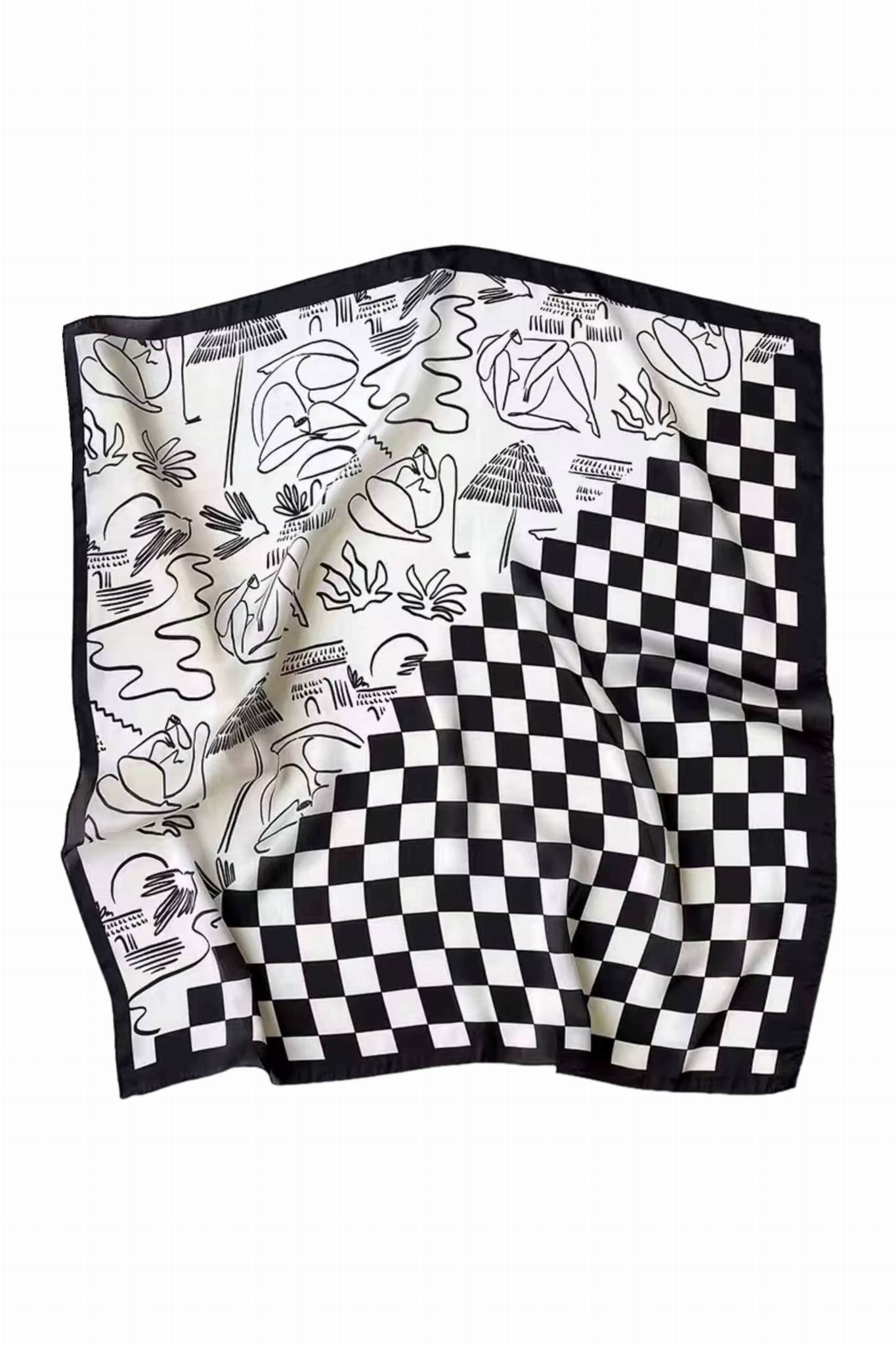 Detal apaszki z widocznymi sylwetkami i roślinami w stylu line art na satynowej tkaninie | KAMEA | Spironik.pl