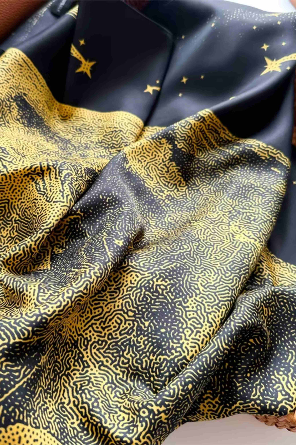 Apaszka damska w użyciu, stylowo związana na szyi, prezentująca fantazyjny nadruk | KAMEA | Spironik.pl