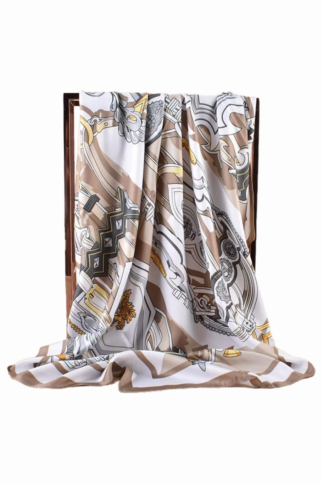 Klasyczna apaszka 90x90 cm w beżowo-białej kolorystyce, doskonała do płaszcza lub marynarki | KAMEA | Spironik.pl