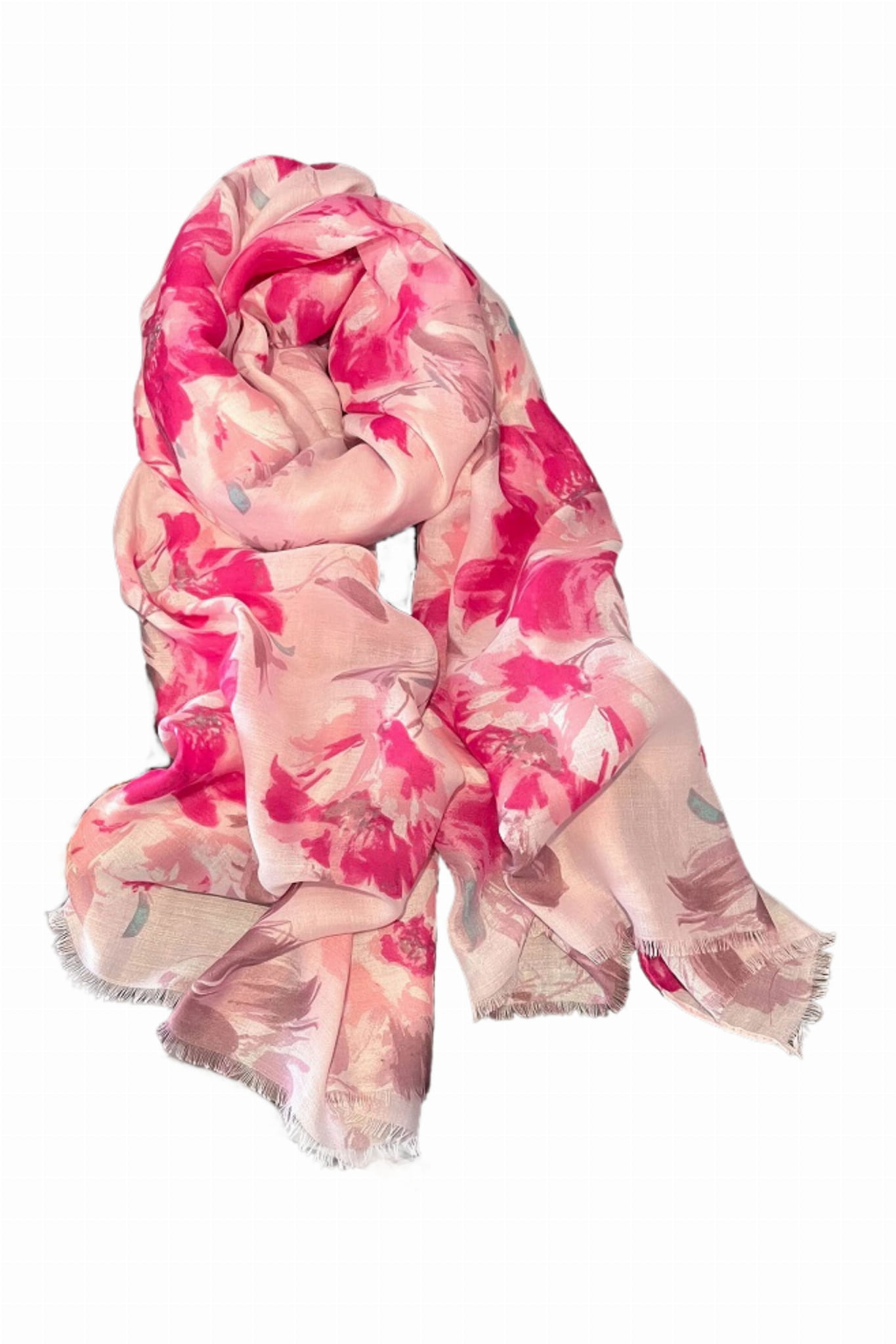 Różowy szal w kwiaty na ramionach, doskonały na cieplejsze dni i wieczorne wyjścia | KAMEA | Spironik.pl