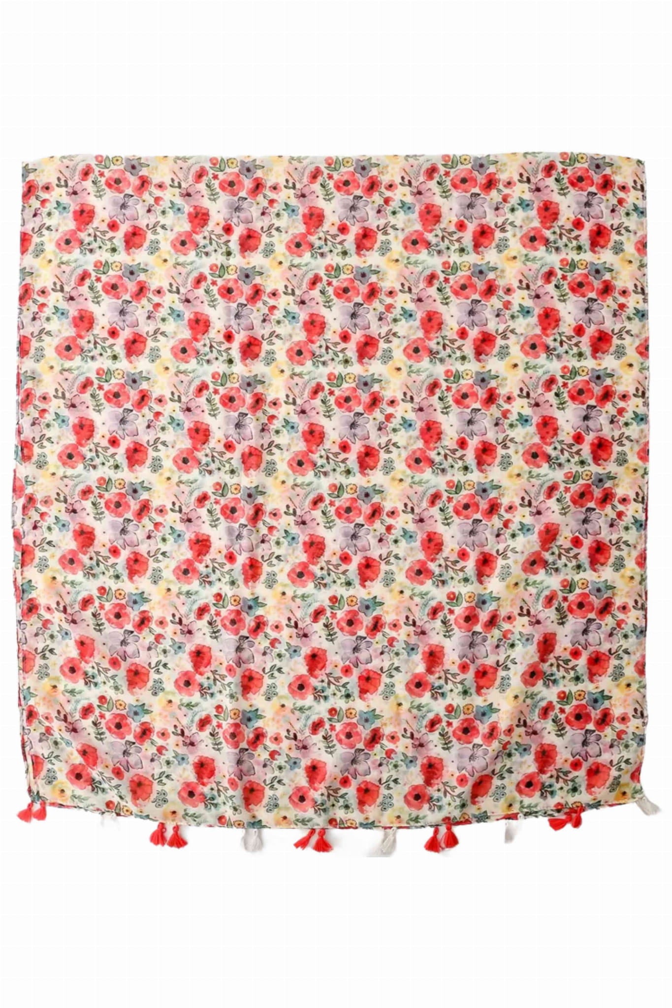 Szal w kolorowe kwiaty, zakończony frędzlami, doskonały do casualowych stylizacji z jeansami | KAMEA | Spironik.pl