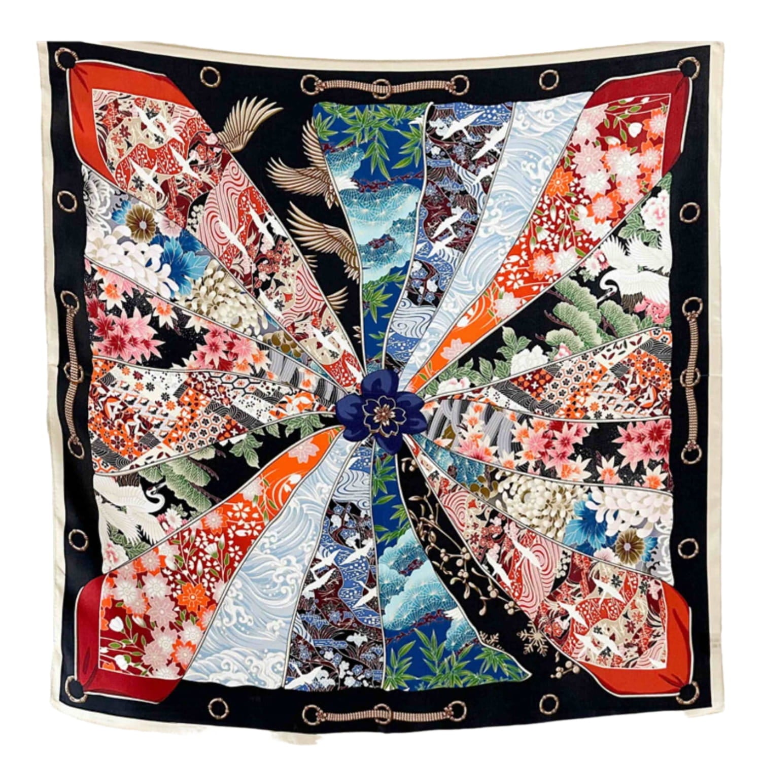 Detal kolorów apaszki "Wachlarz Orientu" z intensywnymi czerwieniami, błękitami, zielenią i czernią | KAMEA | Spironik.pl