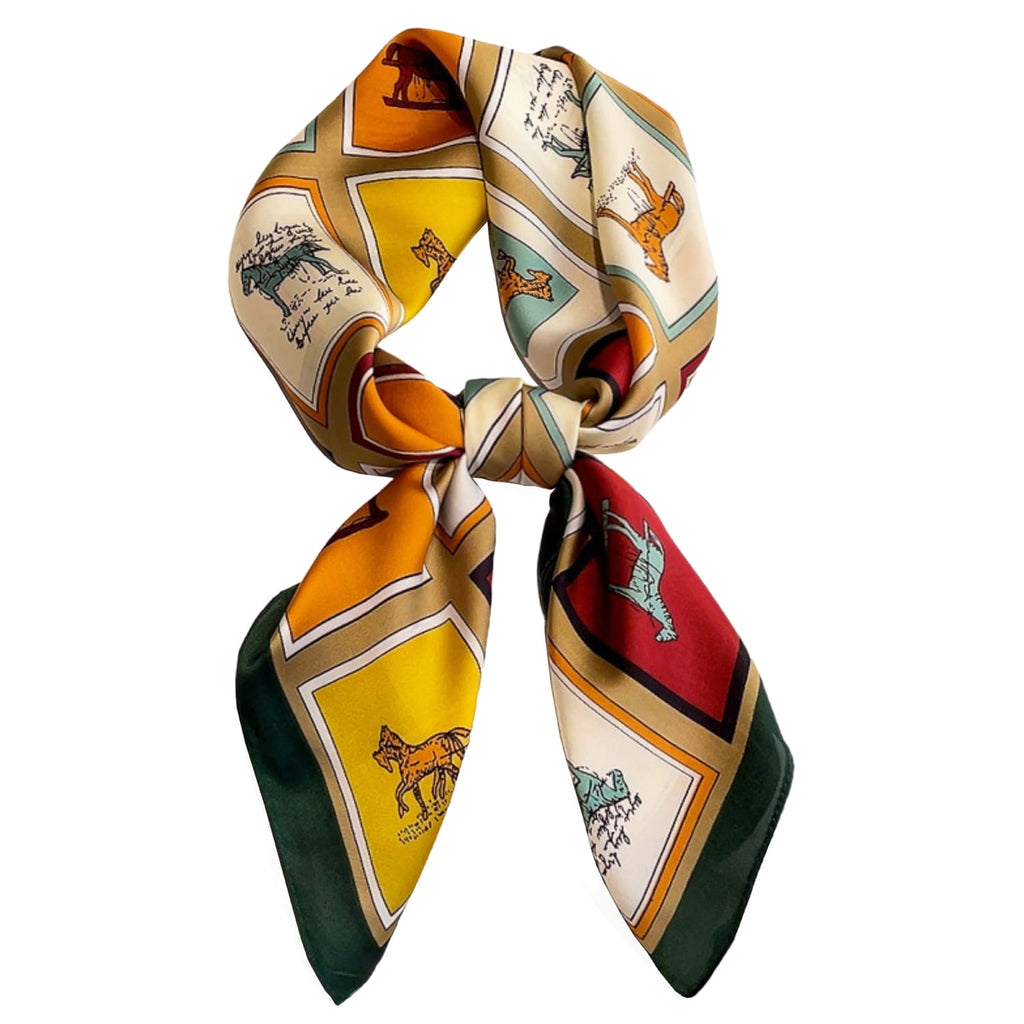 Wymiary apaszki 70x70 cm, prezentującej bogatą kolorystykę i połyskujący materiał poliestrowy | KAMEA | Spironik.pl